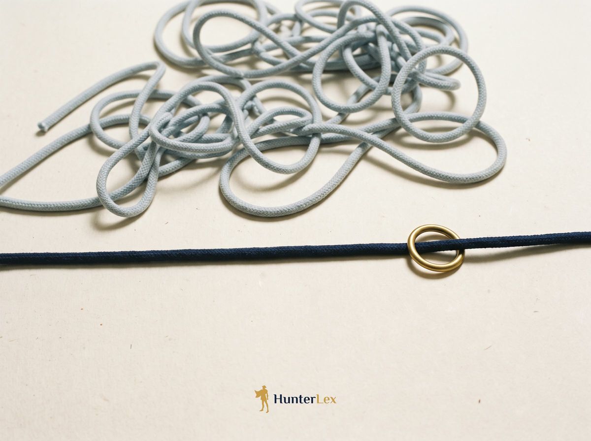 A loosely tangled pale cord above a single straight navy cord threaded with a brass ring