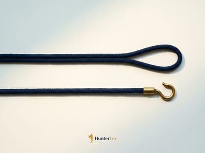 Two identical navy cords lying parallel, the upper one ending in an open loop and the lower one ending in a small brass hook
