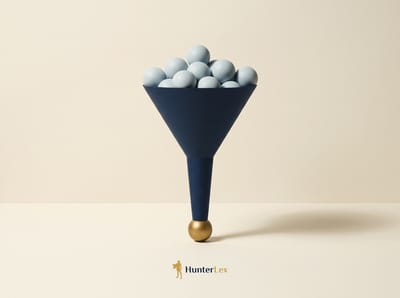 A navy funnel packed with pale spheres jammed at its narrow neck, with a single brass sphere resting on the surface below