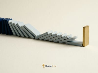 A row of pale blue-grey dominoes toppling in a chain, stopped by one upright brass domino