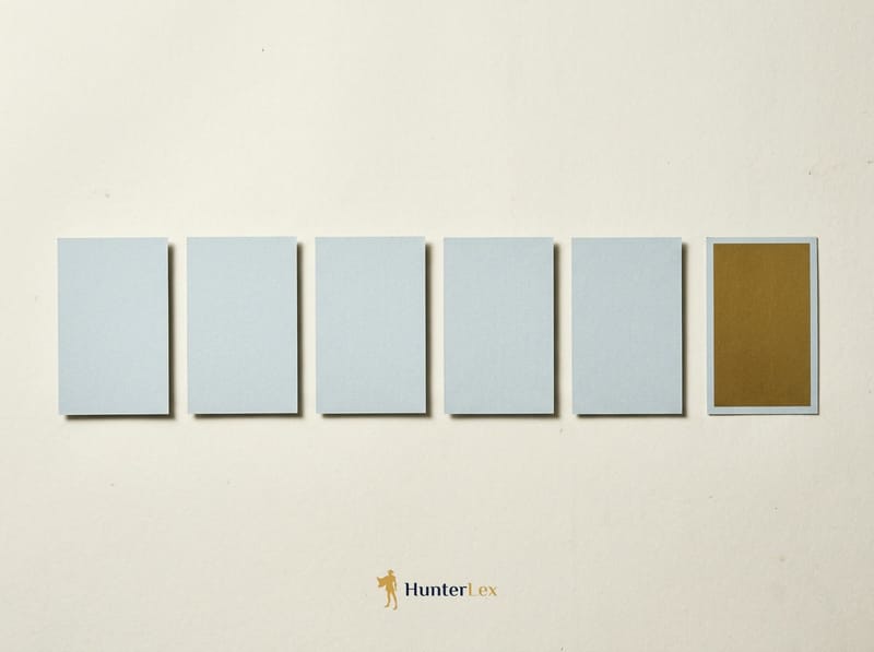 A row of five pale blue-grey cards lying face-down with one brass card turned face-up at the end
