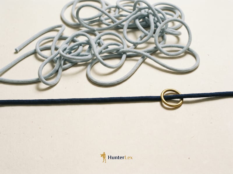 A loosely tangled pale cord above a single straight navy cord threaded with a brass ring
