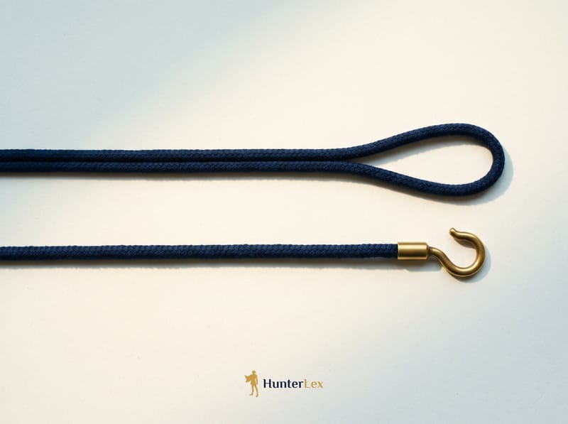 Two identical navy cords lying parallel, the upper one ending in an open loop and the lower one ending in a small brass hook