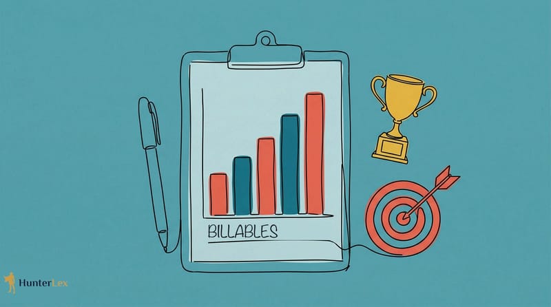Hand-drawn clipboard with a rising bar chart labelled Billables, next to a pen, a trophy and a target