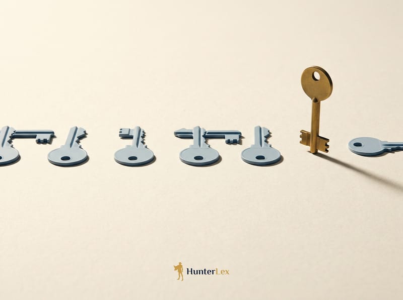 A row of pale keys lying flat on a warm off-white surface with one brass key standing upright at the end