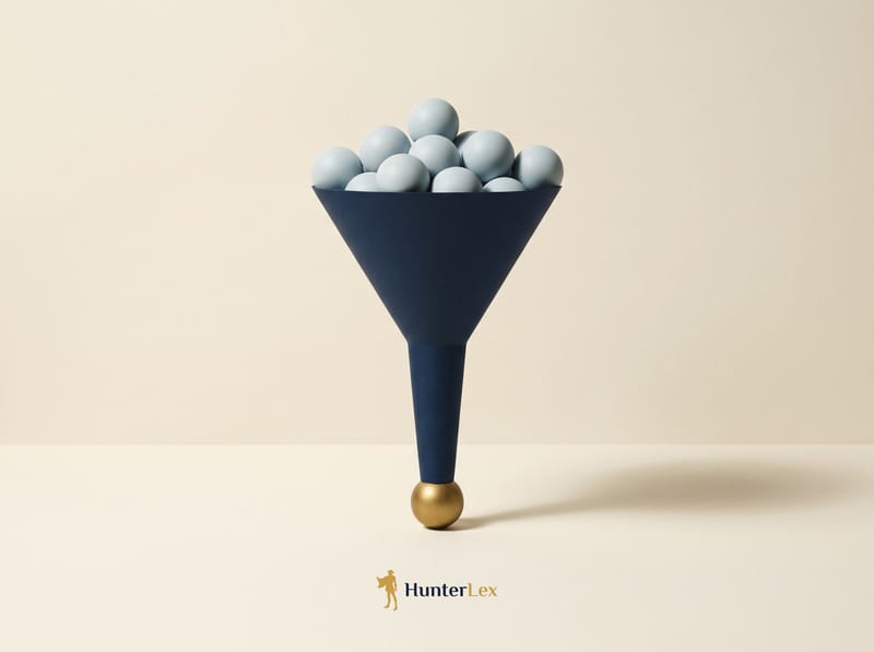 A navy funnel packed with pale spheres jammed at its narrow neck, with a single brass sphere resting on the surface below