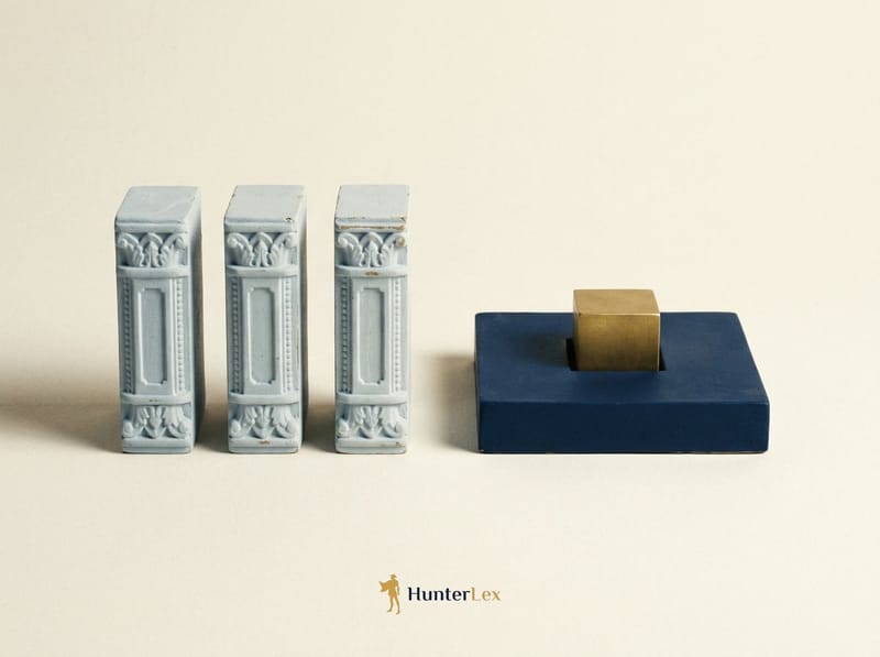 Three ornate pale blue-grey blocks standing in a row beside a navy base, where one plain brass cube sits flush in the only slot